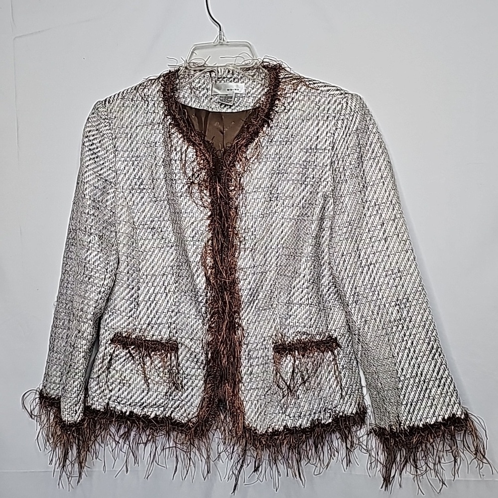 WD.NY tweed eyelash fringe brown white classy blazer jacket sz 10
